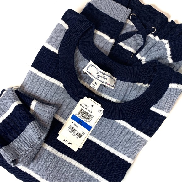 Hippie Rose Sweaters - HIPPIE ROSE Ribbed Sweater Blue Striped Lace Up XL